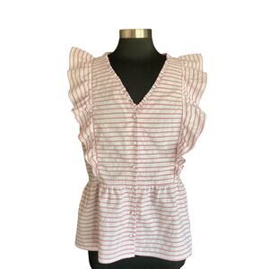Andree by Unit Pink White Sleeveless Top Ruffled Button Front LG Prairie Cottage